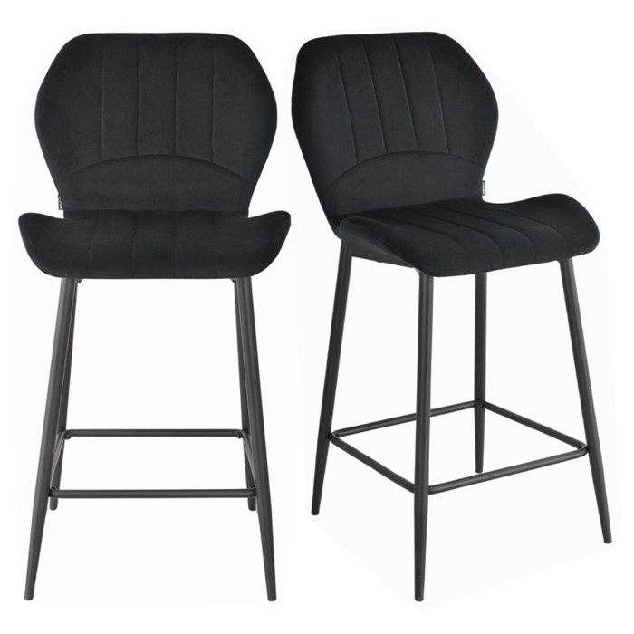 Lot 2 chaises de bar en velours noir et pieds en métal - EMILIO 2 Meubletmoi Lot 2 chaises de bar en velours noir et pieds en métal - EMILIO 2 Meubletmoi