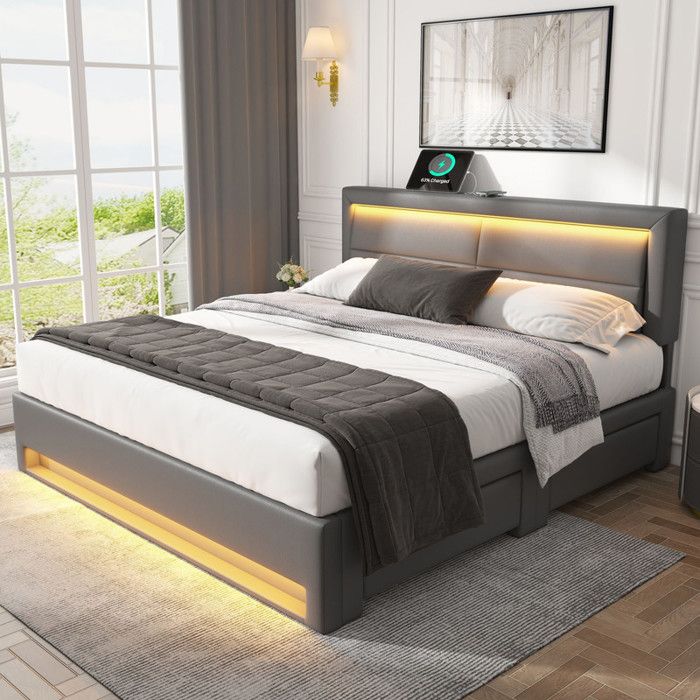 Lit Double 140x190 Avec Rangement Et LED RGB - Tiroirs Et Coffre à Gaz - Ports USB - Tête De Lit Rembourrée - Noir
