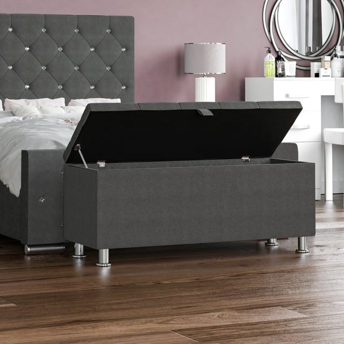 Banc coffre de rangement Valencia en lin gris foncé – Repose-pieds tabouret siège de lit avec espace de rangement
