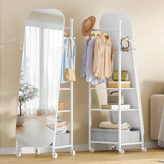 Miroir sur Pied Miroir avec Porte-Manteau 50 x1658 cm Roues Pivotantes À 360° avec Boîte de Rangement et Crochets Blanc