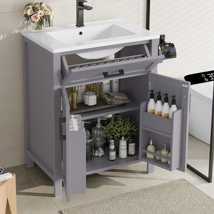 Meuble de lavabo - Armoire de salle de bain au sol avec lavabo - meuble-lavabo - peinture complète - 60 x 46 x 84.8 cm - gris