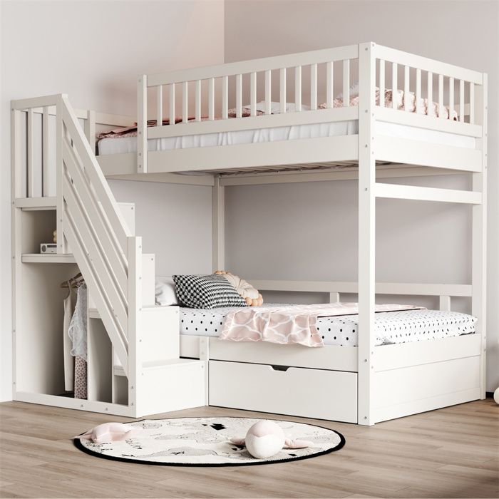 Lit superposé enfant - Pin massif 90x200 - Échelle avec rangement - Tiroir de rangement - Sommier à lattes