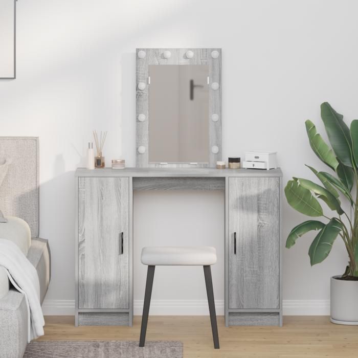 Coiffeuse - Gris Sonoma - 102x33x135 cm - Miroir inclus - Lumières LED intégrées