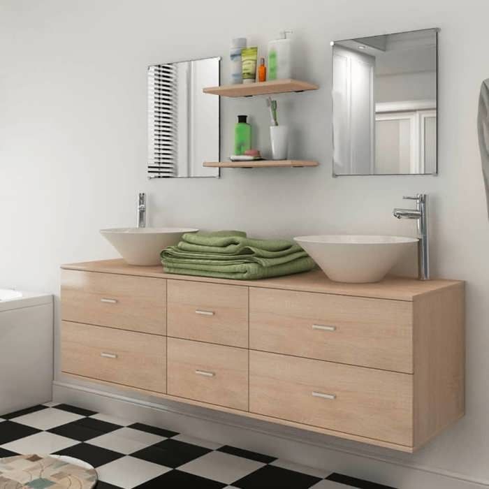 Meuble de salle de bain - vidaXL - 9 pcs - Beige - Lavabo céramique - Robinet chromé
