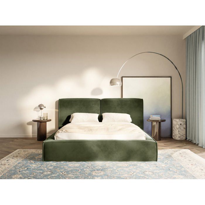 Lit tapissé – TILVES – 200×200 – avec coffre et sommier à lattes – velours – vert olive Lit tapissé – TILVES – 200×200 – avec coffre et sommier à lattes – velours – vert olive