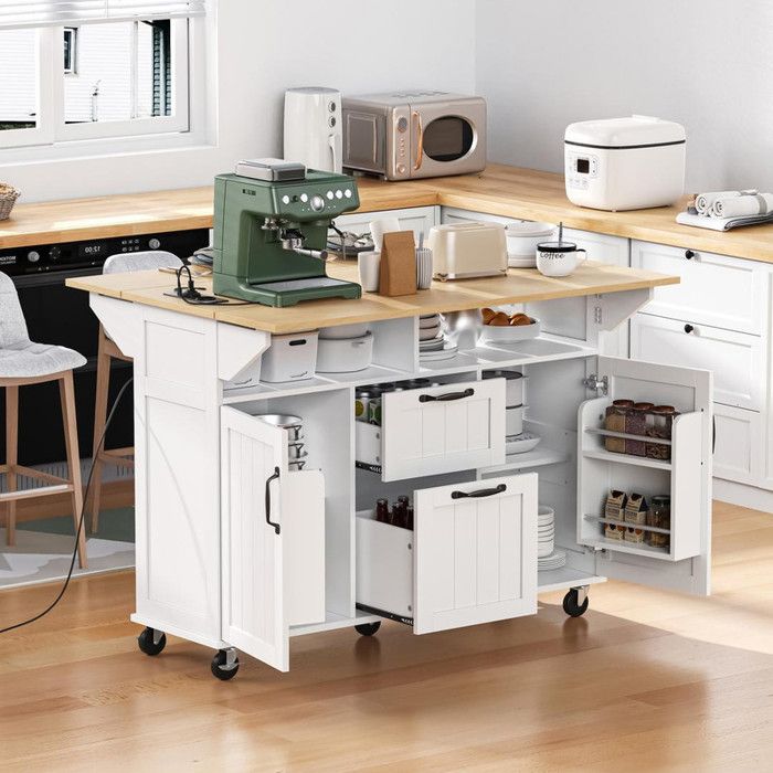Ilot central cuisine à roulettes table à manger extensible avec tiroirs et porte-serviettes Ilot central avec multiprises blanc