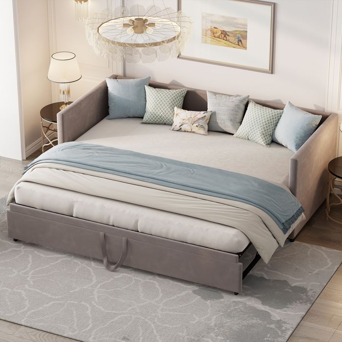 Lit Gigogne 90x200 cm - Canapé-Lit Extensible 180x200 - Rembourré Velours + Sommier à Lattes + Économique dEspace - Gris Lit Gigogne 90x200 cm - Canapé-Lit Extensible 180x200 - Rembourré Velours + Sommier à Lattes + Économique dEspace - Gris