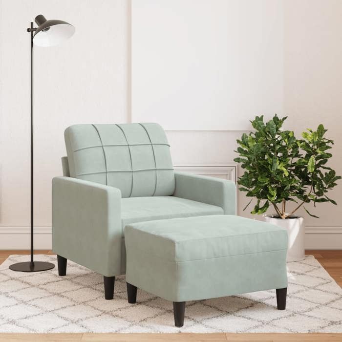 Fauteuil avec repose-pied en velours - vidaXL - Gris clair - 60 cm - 77x77x80 cm - Cadre en métal - Repose-pieds inclus