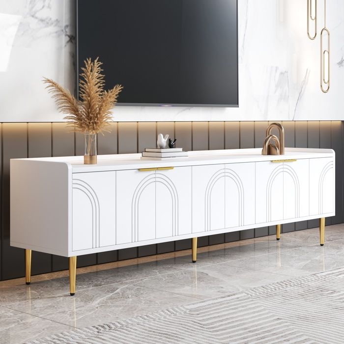 Meuble TV moderne - MODERNLUXE - 170x35x47.5 cm - 4 portes - Étagères intégrées - Pieds en métal - MDF - Blanc Meuble TV moderne - MODERNLUXE - 170x35x47.5 cm - 4 portes - Étagères intégrées - Pieds en métal - MDF - Blanc