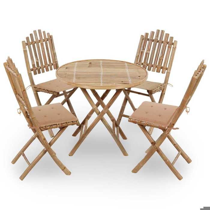 Ensemble de salle à manger pliable en bambou - BURKE - 5 pièces - Coussins inclus - Bambou massif - 80x70 cm table