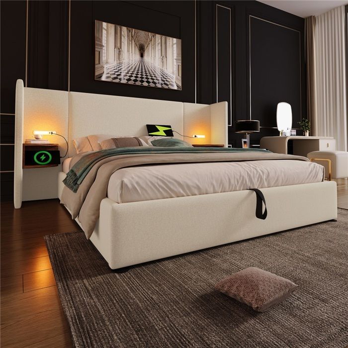 Lit Double Design 180x200cm Beige Lin-Table Chevet Intégrée Lampe USB-C-Base Lattes Bois Métal Stable-Sans Matelas