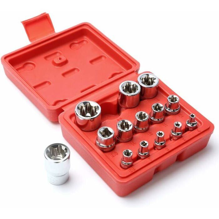 Douilles Torx étoile - MICH - Lot de 14 pièces - Tailles E4 à E24 - Coffret à cliquet - Alliage dur - Étui de rangement