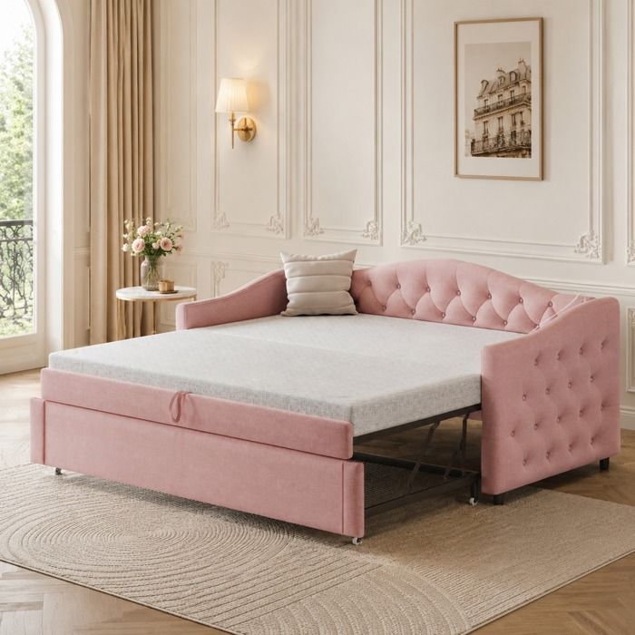 Lit adulte 90x200 cm en tissu lin rose canapé‑lit capitonné à boutons avec prise USB