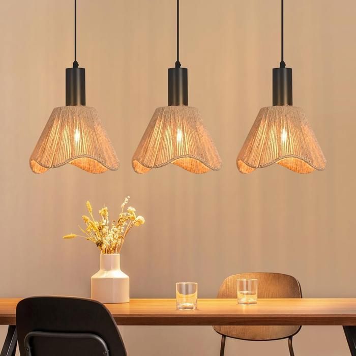 Lampe suspension rotin naturel NETTLIFE 3 lumières Design bohème chic métal noir Vague Luminaire E27 pour salle à manger salon