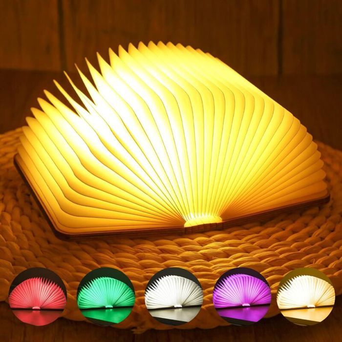 Lampe Livre LED Pliante Bois 5 Couleurs Lampe Table Papier Rechargeable USB Idée Cadeau Noël Maison