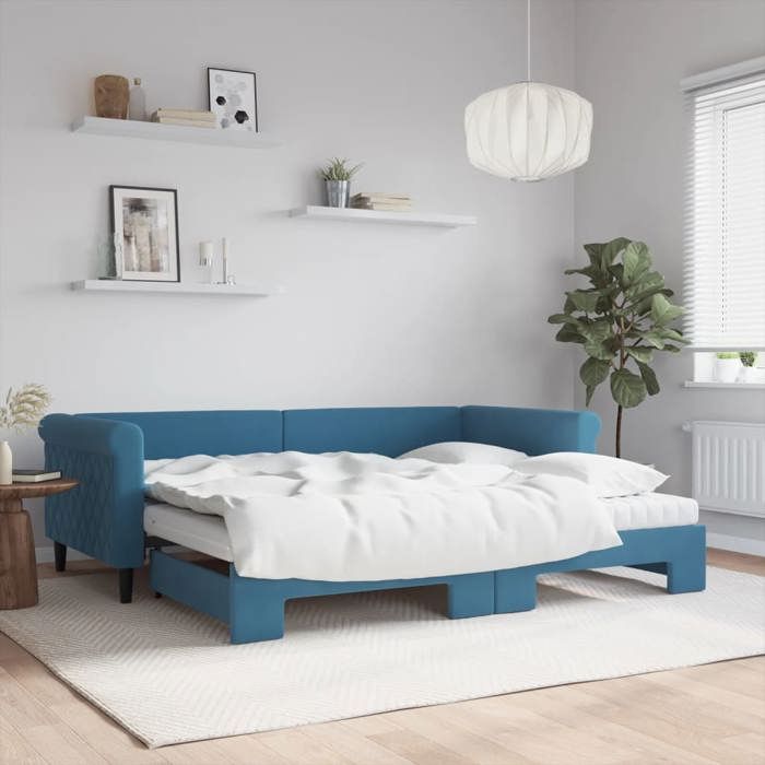 Lit de jour avec lit gigogne - vidaXL - Bleu - Velours - 90x200 cm - 229x100x68 cm - 229x192 5x68 cm - Matelas en mousse