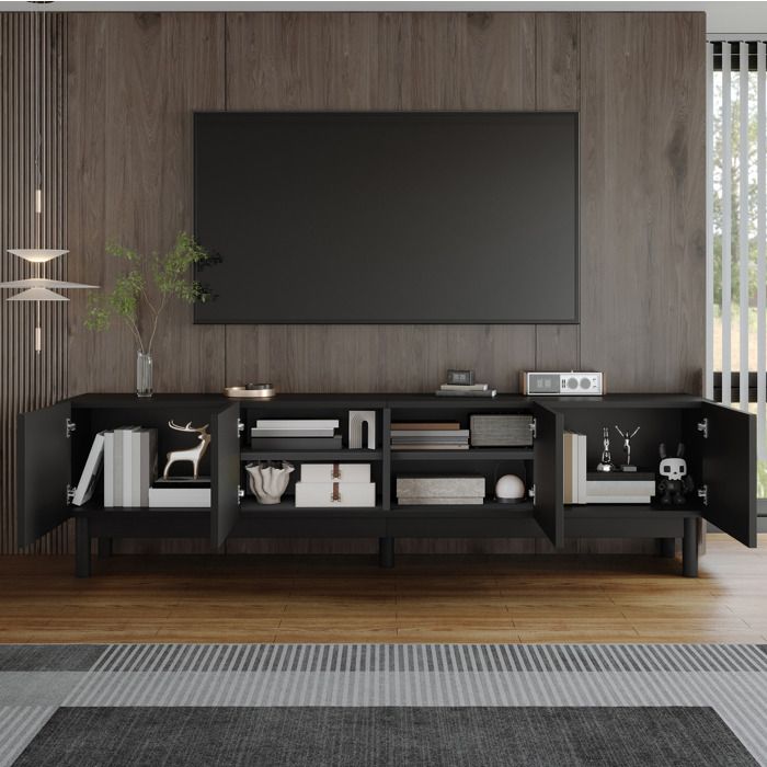 Meuble TV 4 Portes sans Poignées avec Étagères et Pieds Stables - ELVMI - en MDF et Panneaux de Particules Noir 169 × 34 × 45 5 cm