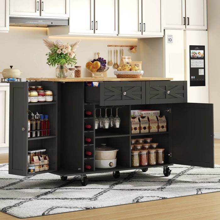 Îlot de Cuisine 120x45/70x89 cm avec Plateau Rabattable 1 Porte 2 Tiroirs Porte-Bouteilles et Porte-Verres - MDF Noir