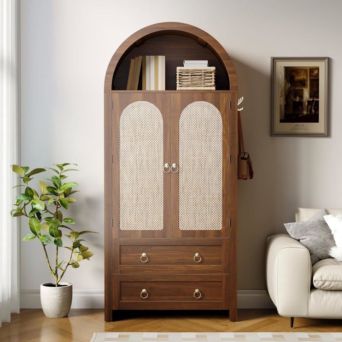 Armoire de rangement polyvalente pour salon et chambre à coucher -80 x 40x180cmstyle arche en rotin avec 2 tiroirsBois Foncé