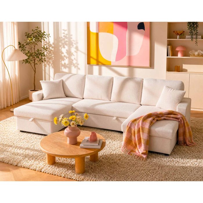Meiya - Canapé panoramique en U 7 places convertible avec coffre en velours côtelé - Beige