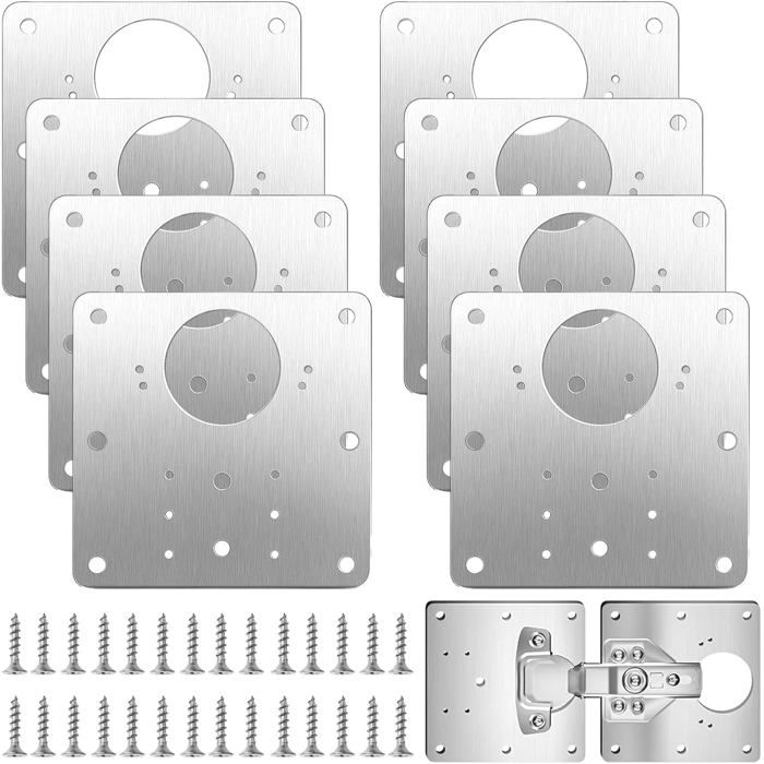 8 Plaque Reparation Charniere Porte 9x9cm Acier Inoxydable Kit de Réparation Charnière Meuble Platine pour Charniere Porte Placard