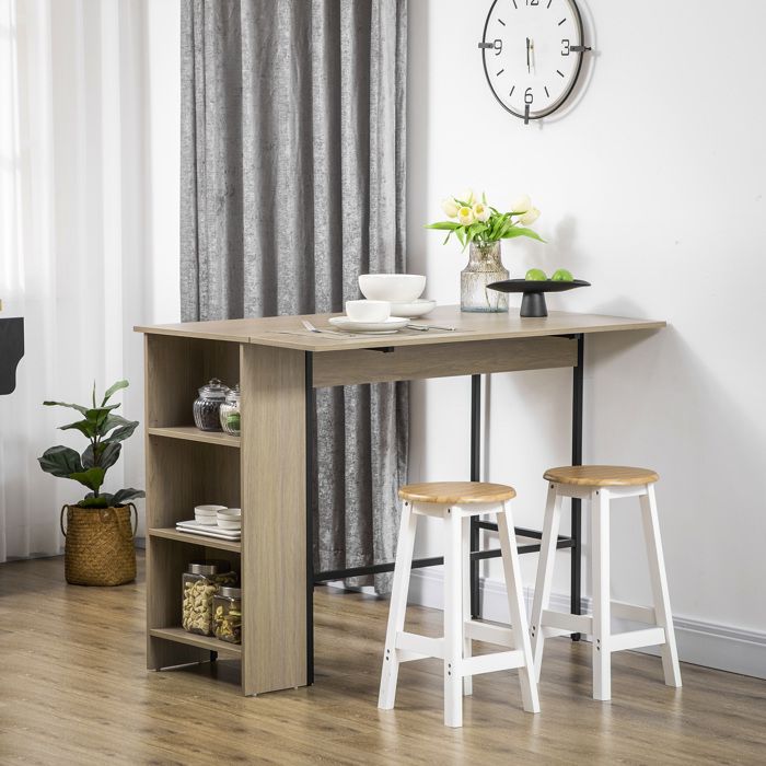 MOTHINESSTO1268-Ilot centra table de bar plateau latéral rabattable et 3 étagères 120 x 76 x 914 cm gris clair