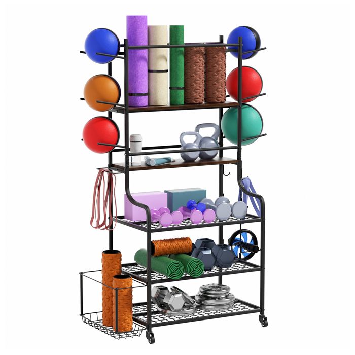 Étagère de Rangement pour Équipement de Sport 4 Roulettes Multidirectionnelles en Fer pour Haltères Tapis de Yoga Home Gym