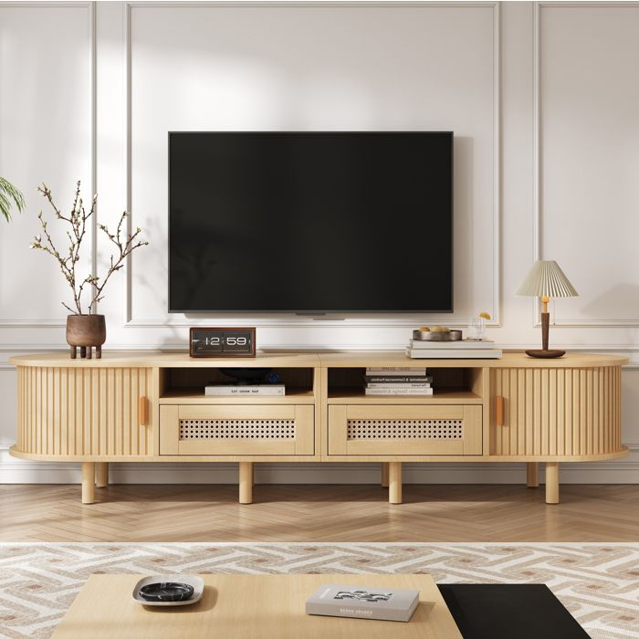 Meuble TV Ovale 170 cm avec 2 Tiroirs 2 Portes Coulissantes et 8 Pieds - BEAUNIV - Vintage Salon MDF Chêne Clair