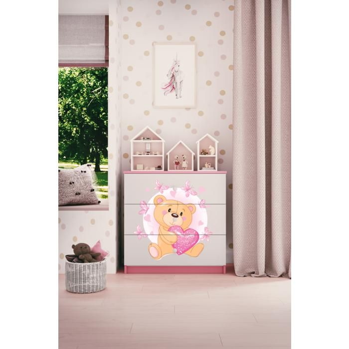 Commode enfant avec tiroirs Ourson et Papillons Rose - Babydreams