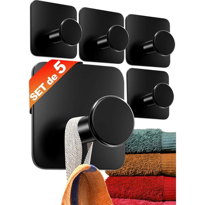 Accroche-Serviette Sans Perçage set de 5 - Porte serviettes de salle de bains Modernes Noir - Crochet adhésif mural en inox