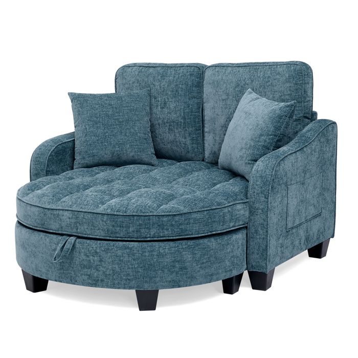 Canapé-lit convertible 2-en-1 bleu en chenille avec pouf de rangement mobile