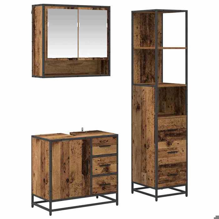 Ensemble de meubles de salle de bain 3 pièces - vidaXL - bois dingénierie - bois ancien - avec miroir - 3 tiroirs et 3 portes 609qf