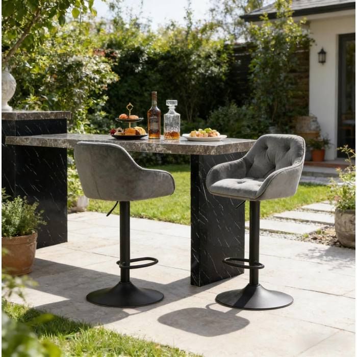 Chaise de bar réglable en hauteur – lot de 2 – velours gris foncé – pivotante 360° – dossier et accoudoirs