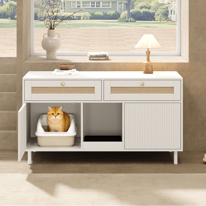 Meuble cache-litière pour chat blanc 120 x 50 x 65 cm en MDF avec 2 tiroirs et tapis attrape-litière