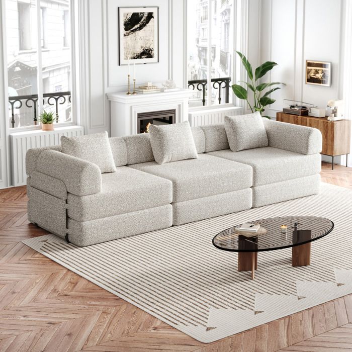 WOVREO Canapé convertible 2 en 1 3 places en chenille kaki avec rangement accoudoir