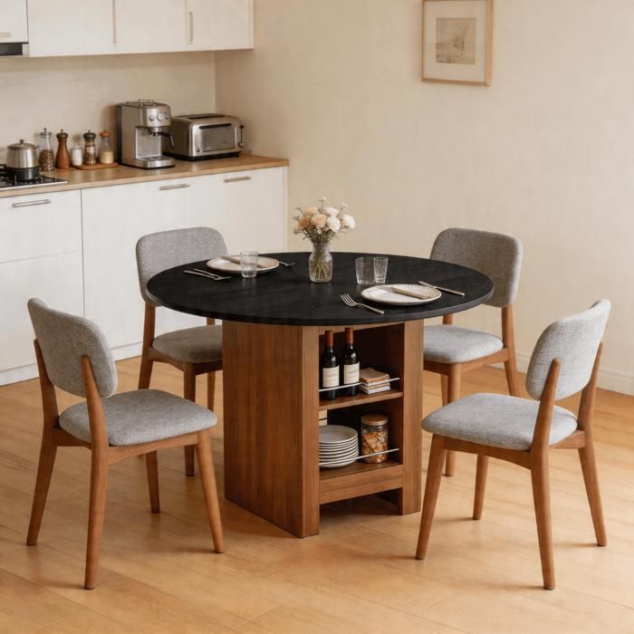 Table à manger ronde 100 x 76 cm 2-4 personnes étagère ouverte plateau épais 2 cm cadre métal cuisine petit espace noyer noir