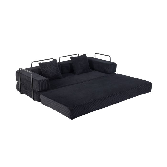 Canapé Convertible 4-en-1 Lit de Sol Matelas Pliant Sans Montage Velours Côtelé Doux Pouf Fauteuil Lounge Salon Noir