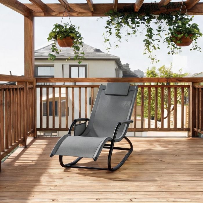 Fauteuil relaxant dextérieur 152 cm avec fonction rocking structure métal gris et double toile polyester gris poche latérale