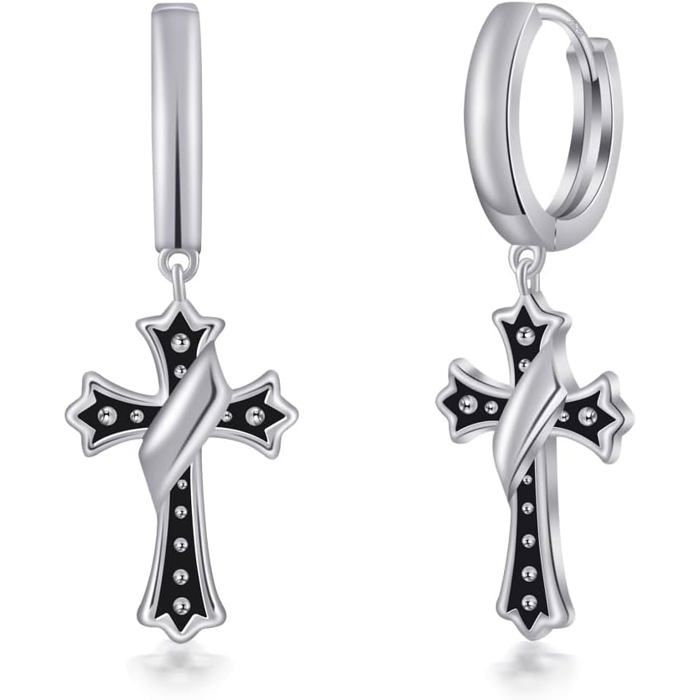 Boucles DOreilles Croix Créoles Argent 925 Avec Pendentif Noir Boucles DOreilles Unisexe Hommes Femmes 13Mm[PP532]
