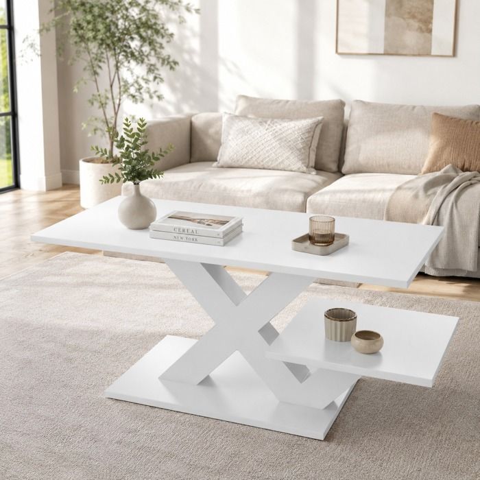 Table Basse 100x48x45 cm Table Rectangulaire de Salon X Pieds Double Couche Table Basse Salon Blanc