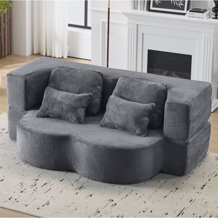 Canapé de Sol Convertible 2 Places avec Couchage Pliable et 4 Coussins en Flanelle Bleu Gris 198 × 120 cm