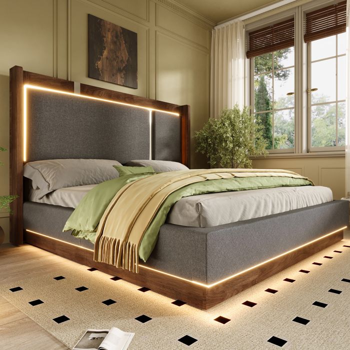Lit coffre 160x200 avec LED -URTR coffre de lit hydraulique tête de lit tissu lin gris et finition noyer sans matelas