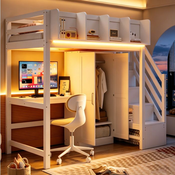 Lit Mezzanine 90x200 Bois Blanc Couchage Sureleve FloraGrace Pour Chambre Avec Bureau Et Armoire 252.5x95x170cm