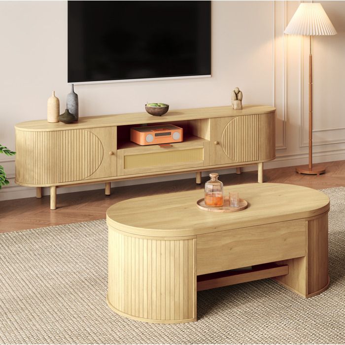 Ensemble de Meubles de Salon avec 1 Table Basse Relevable et 1 Meuble TV avec Rangements - MDF et Métal - Bois Naturel