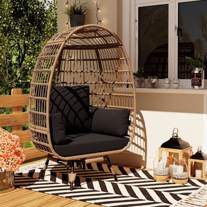 Fauteuil œuf pivotant 360° patio extérieur cadre acier base métal étanche chaise lounge rotin PE jardin noir
