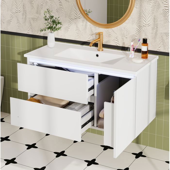 Meuble sous vasque suspendu VUENOR - 91 5 cm blanc avec vasque céramique LED et 2 tiroirs