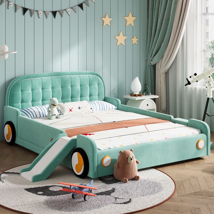Lit voiture 140x200cm avec toboggan+escalier montage G/D look autos capitonnage sécurisé bleu-vert charge 220kg jeu et sommeil