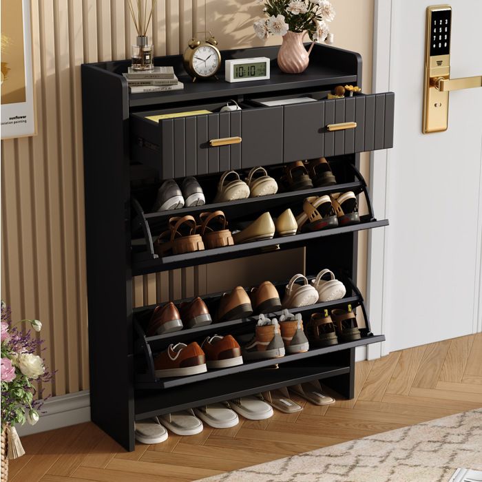 HOMVRA Meuble à chaussures étroit 75x24x108 5 cm avec 2 abattants 2 tiroirs et niche ouverte noir