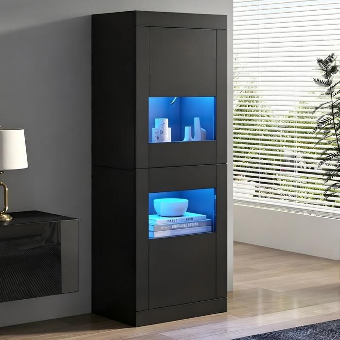 Vitrine Noire avec éclairage LED 61x42x162 cm 1 Fond en Verre Bibliotheque Moderne Meubles de Rangement Vitrine de Collection