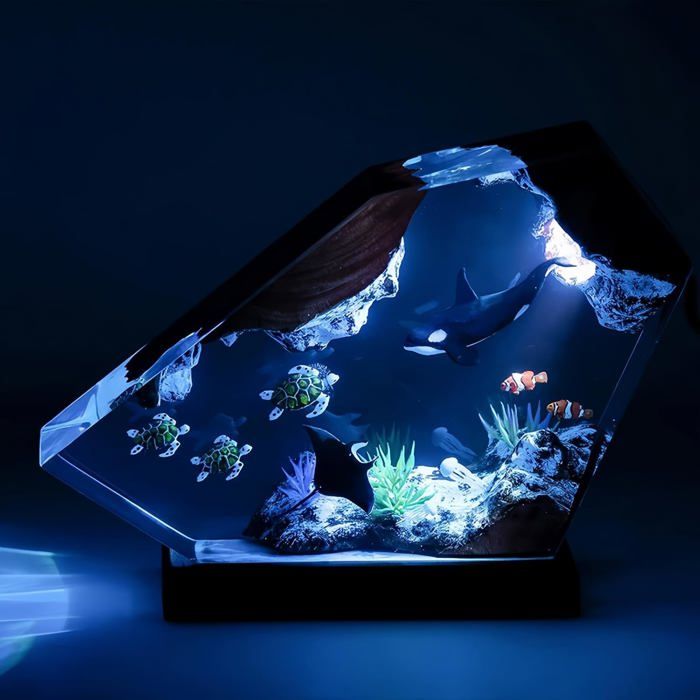 Led Océan Veilleuse En Résine Epoxy Avec Bois Base Usb Table Lampe Décoration 3D Océanique Plongeur Baleine Requin Night Lights Or
